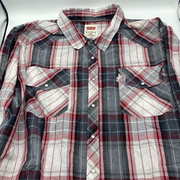 Levis Red Tab Mens Plaid Red Grey Button Pearl Snap Plaid Western Long Sleeve 3X - Picture 1 of 7